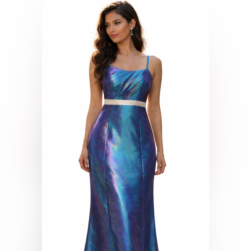 DaVinci Y2K Iridescent Teal Prom Gown Satin Bow Maxi Dress 10